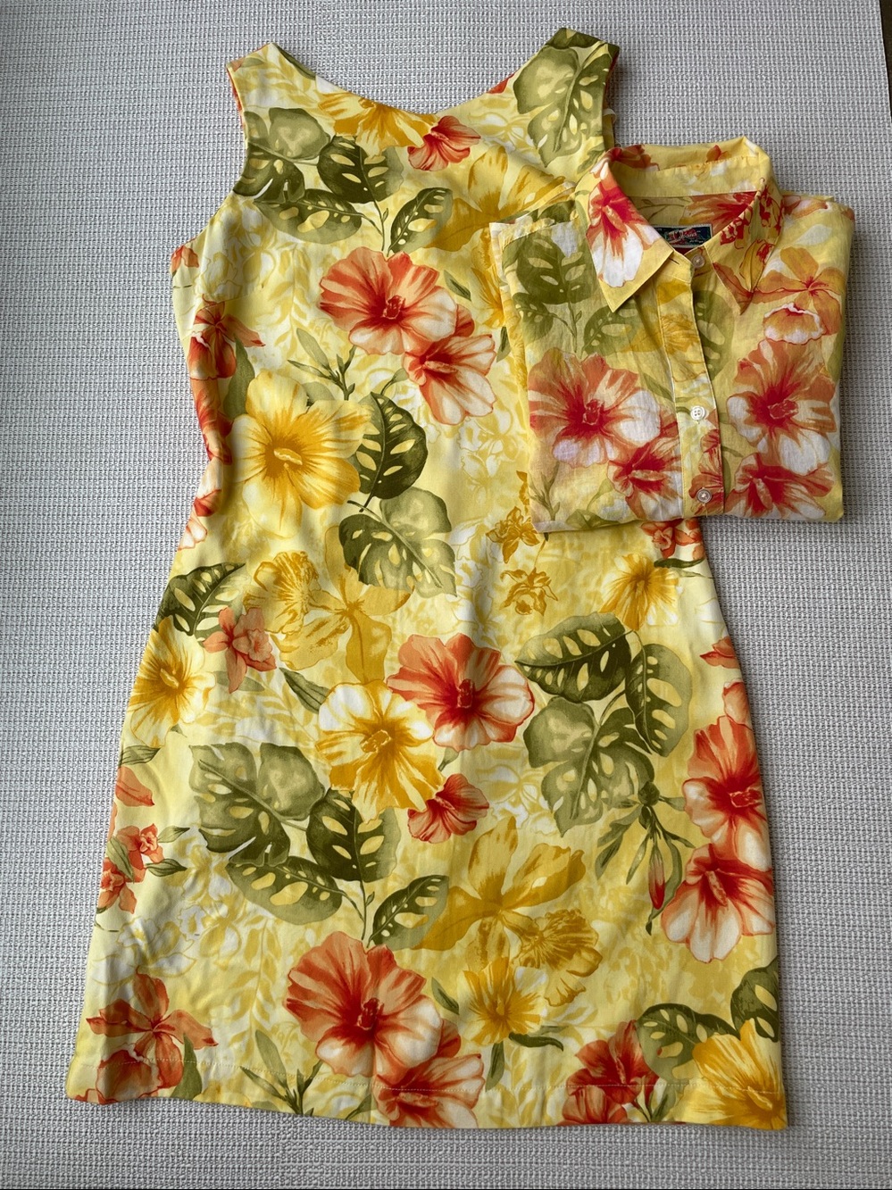 La Cabana Hawaiian Yellow Dress & Matching Shirt Set- Coral Green Floral -Size M